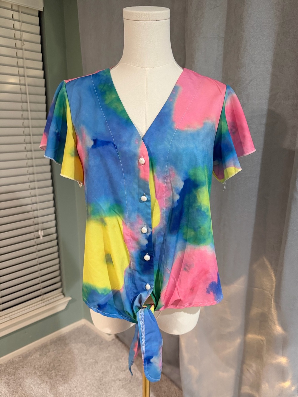 Women's Tie-Front V-Neck Blouse: Tie-Dye